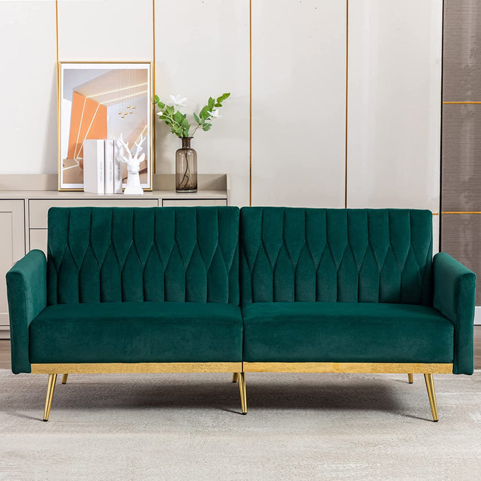 Green Velvet Convertible Sofa Bed with Metal Legs