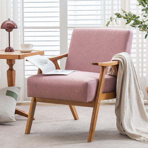 Pink Mid-Century Modern Lounge Chair with Wooden Frame