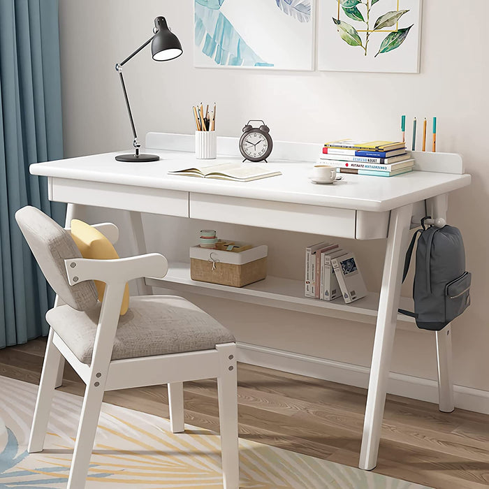 White Solid Wood Desk with Drawers