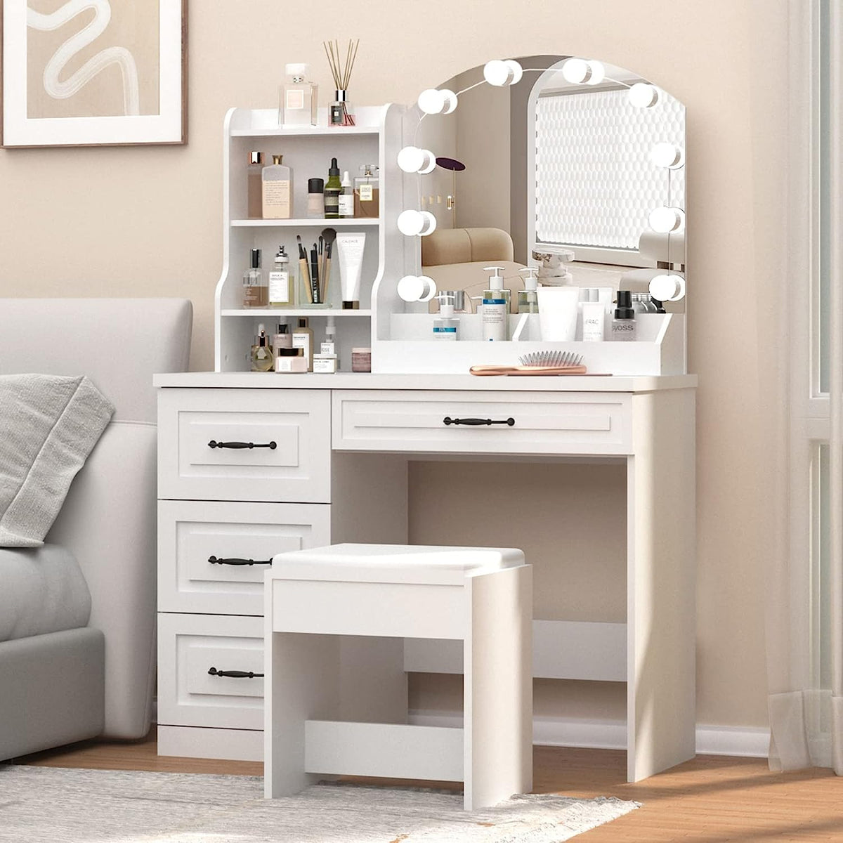 White Vanity Set with Lights and Drawers