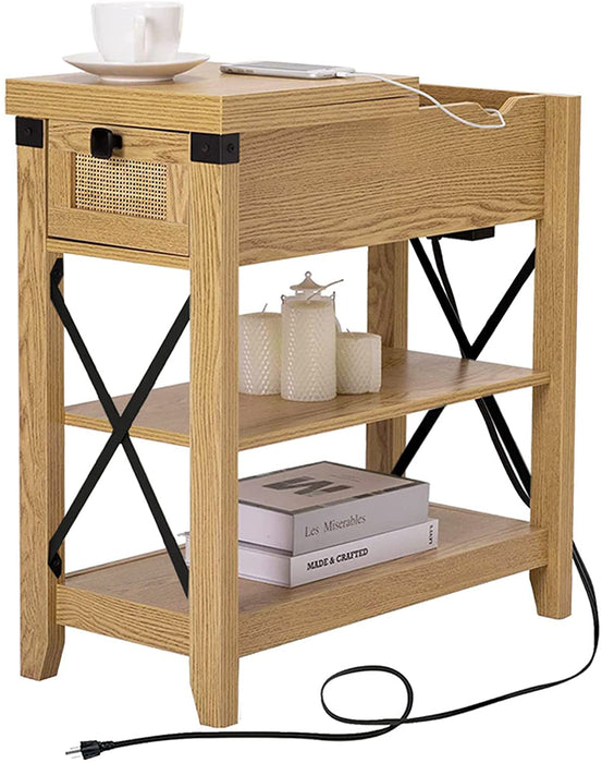 Rattan Nightstand with Flip Top and Storage Drawer