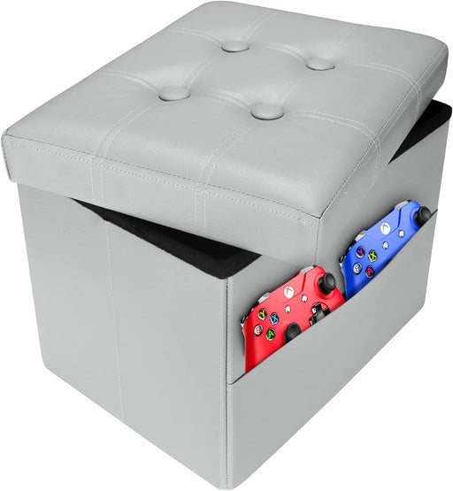Grey Leather Ottoman with Storage and Pocket