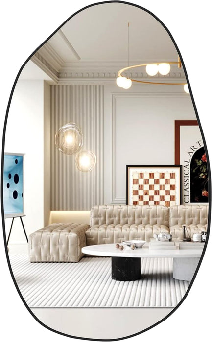 Irregular Wall Mirror, Asymmetrical Mirror Large Unique Vanity Body Mirror Black Bathroom Wall Mounted Mirror 33.5"X 20.5" Modern Shaped Dressing Mirror for Living Room Entryway