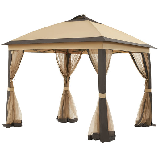 11X11Ft Outdoor Gazebo Pop up Canopy with Mesh Netting Khaki/Brown