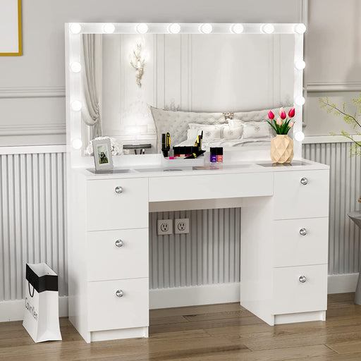 White Makeup Vanity Desk with Hollywood Mirror and Drawers