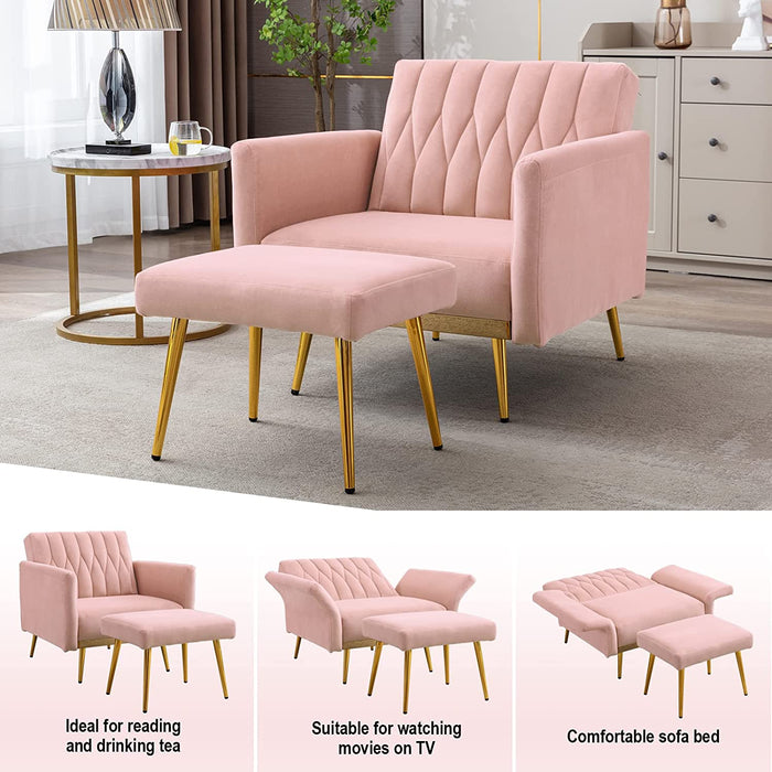 Pink Velvet Chair with Ottoman and Armrests