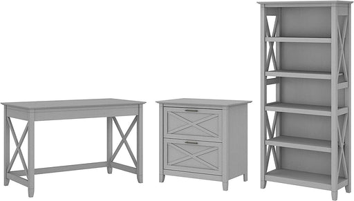 Key West Desk with File Cabinet, Bookcase, Gray