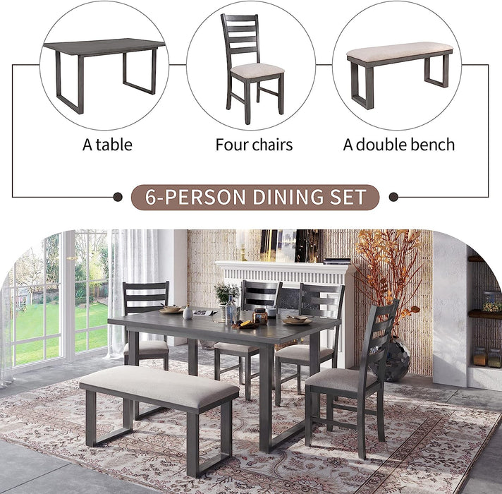 6 Piece Wooden Dining Set for 6 with Cushioned Chairs & Bench