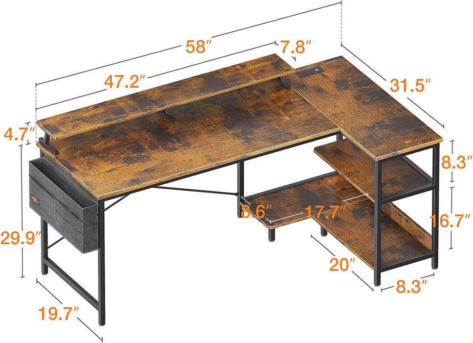 L-Shaped Computer Desk with USB & Outlet