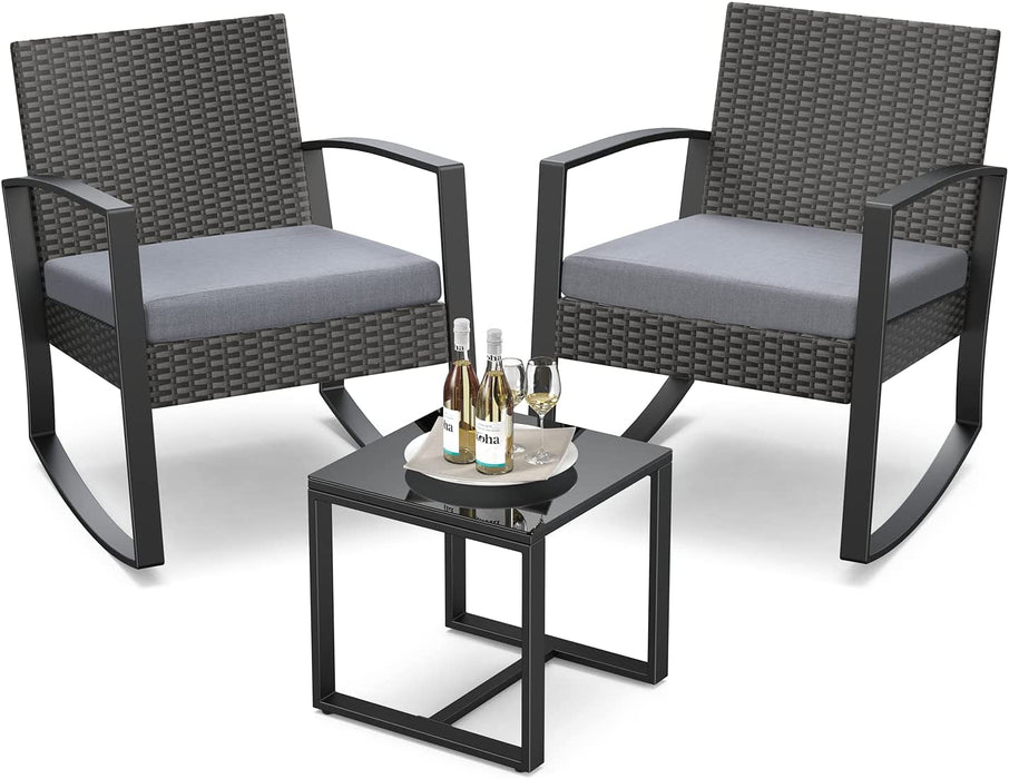 3 Pieces Patio Furniture Set, Patio Rocking Bistro Set Outdoor Patio Furniture Sets Rattan Conversation Sets with Coffee Table for Front Porch Balcony Backyard Poolside Grey Cushion
