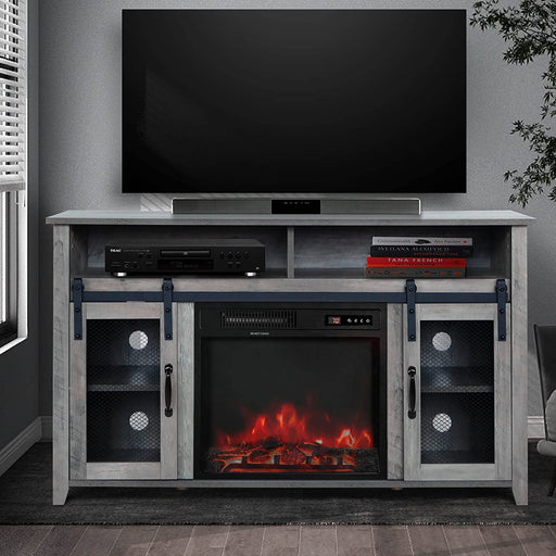 Gray TV Stand with Fireplace & Storage Shelves
