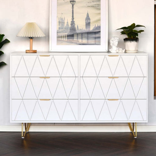 White 6 Drawer Wood Dresser with Gold Handles