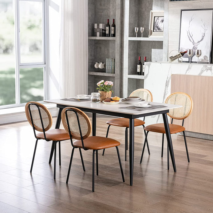 Set of 4 Brown Faux Leather Kitchen Dining Chairs with Rattan Backrest