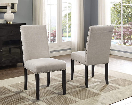 Set of 2 Tan Fabric Dining Chairs with Nailhead Trim