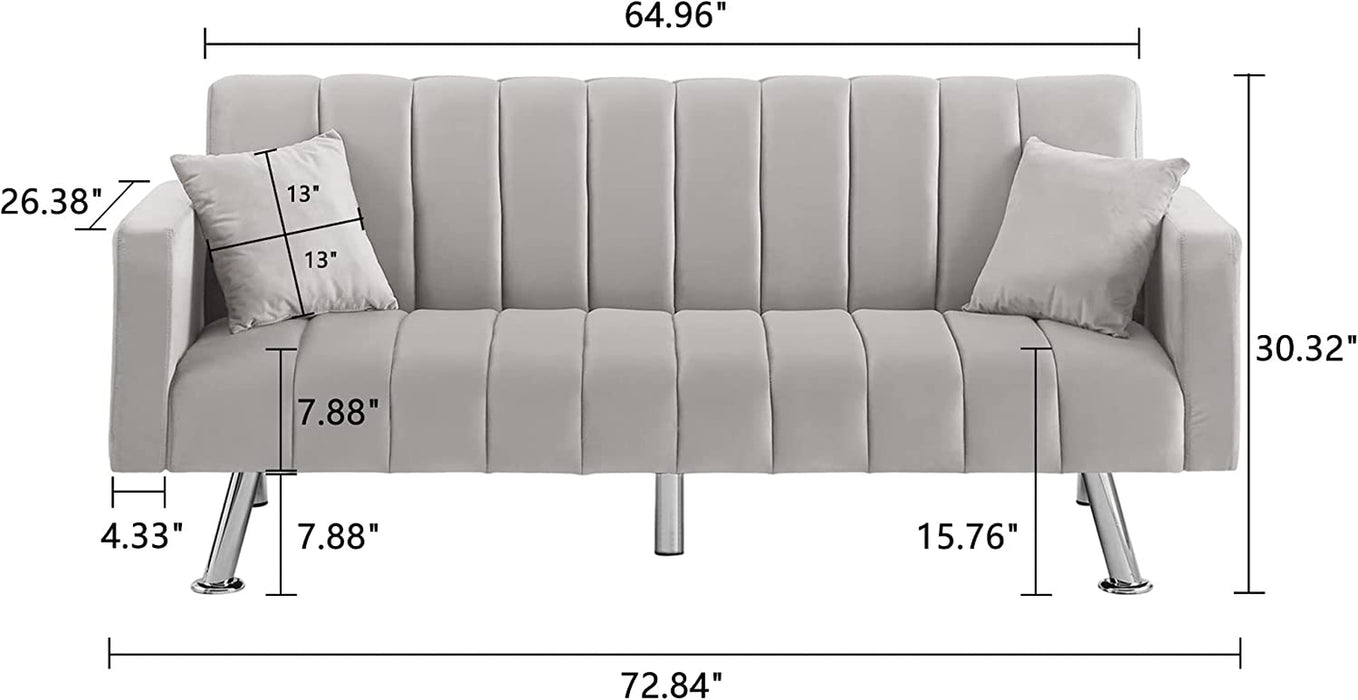 Modern Gray Velvet Sofa Bed with Pillows