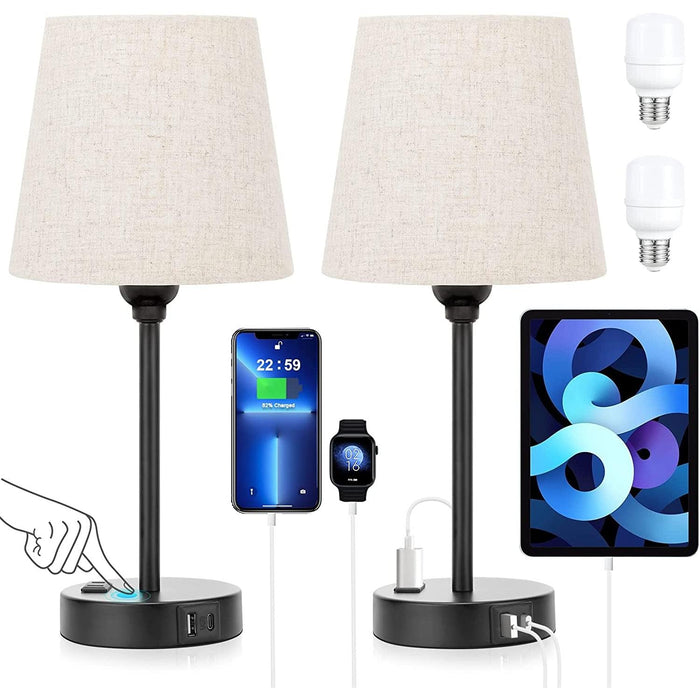 Set of 2 Mini Bedside Lamps with USB and AC Outlets