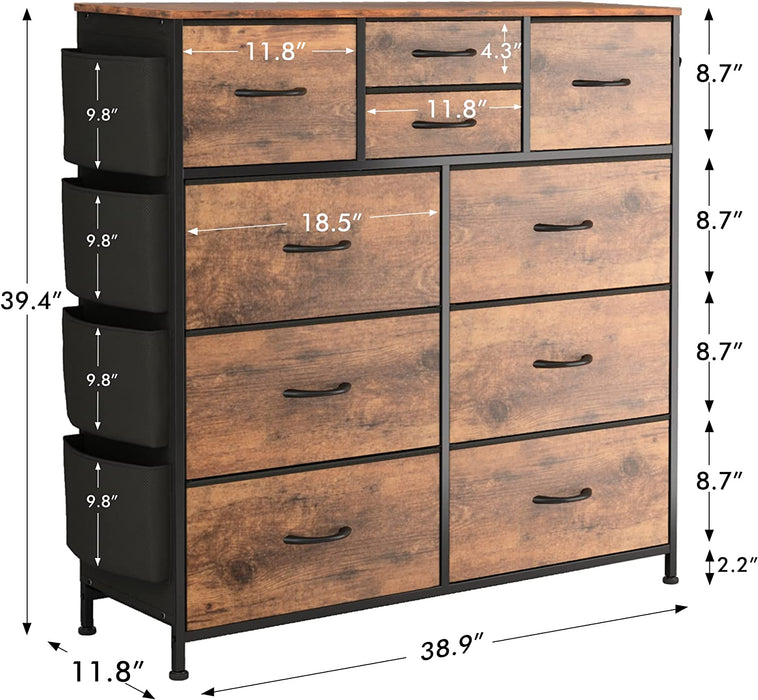 Rustic Brown 10-Drawer Chest of Drawers with Side Pockets