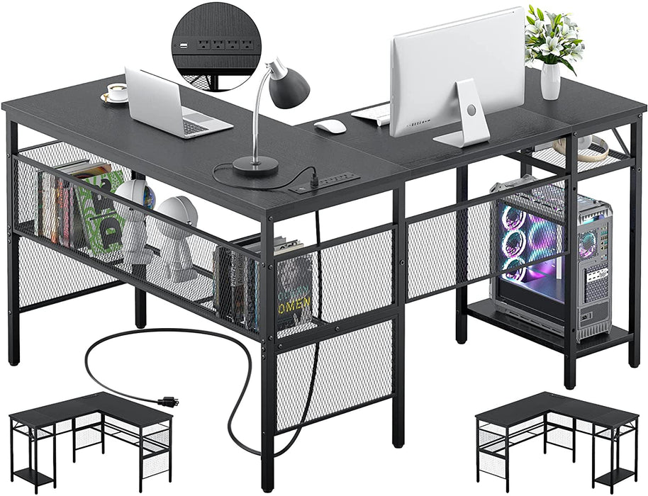 L-Shaped Desk with USB and Power Outlet, Black