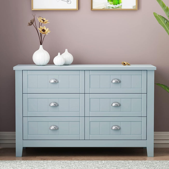 Blue-Grey 6 Drawer Wood Dresser with Metal Handles