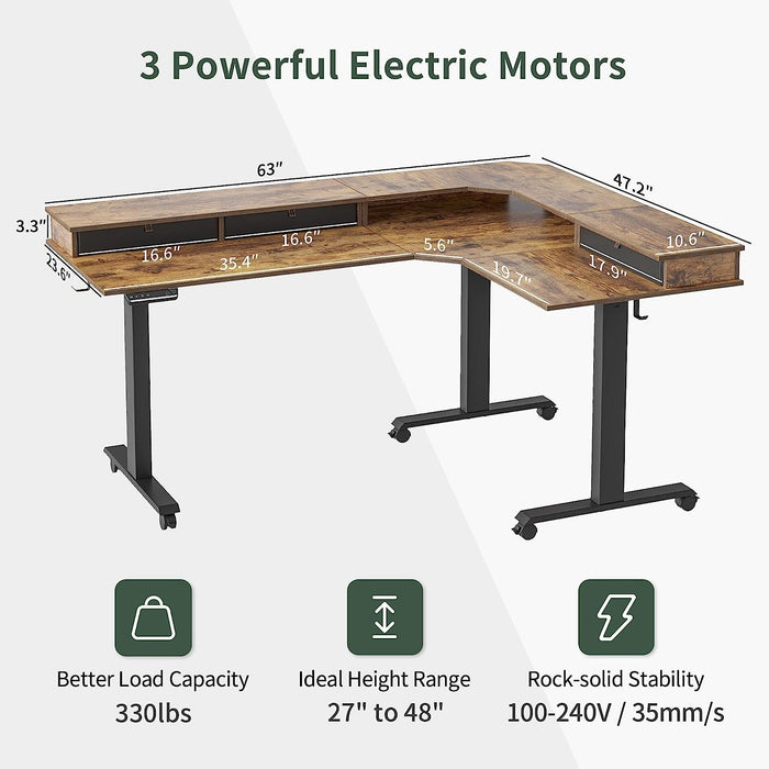 Triple Motor Standing Desk, L-Shaped, Rustic Brown