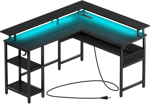 L-Shaped Computer Desk with LED Strip, Black