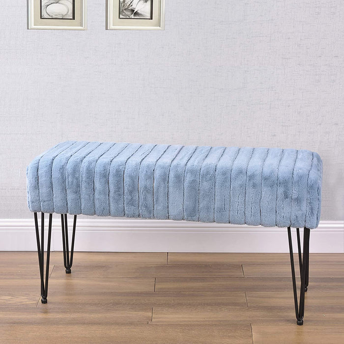 Blue Faux Fur Ottoman Bench for Home Decor