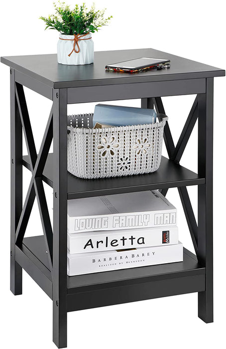 Black 3-Tier End Table with X-Design Shelves