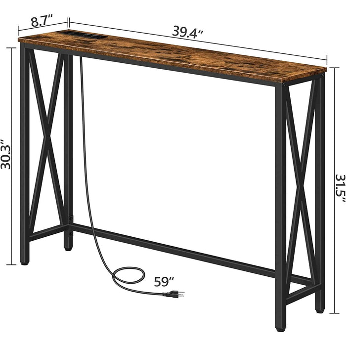 Rustic Brown Sofa Table with Power Outlet