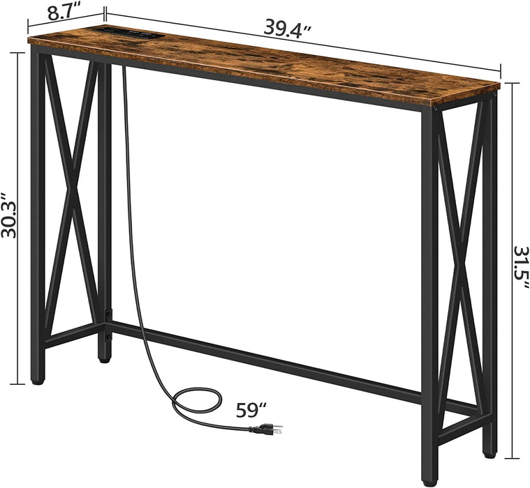 Rustic Brown Sofa Table with Power Outlet