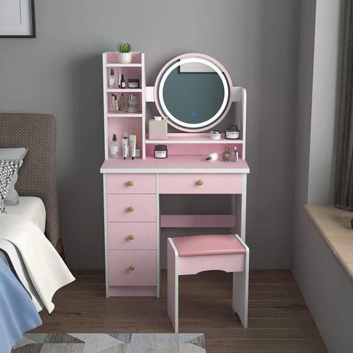 Vanity Set with round Mirror, 5 Drawers, Shelves (Pink)