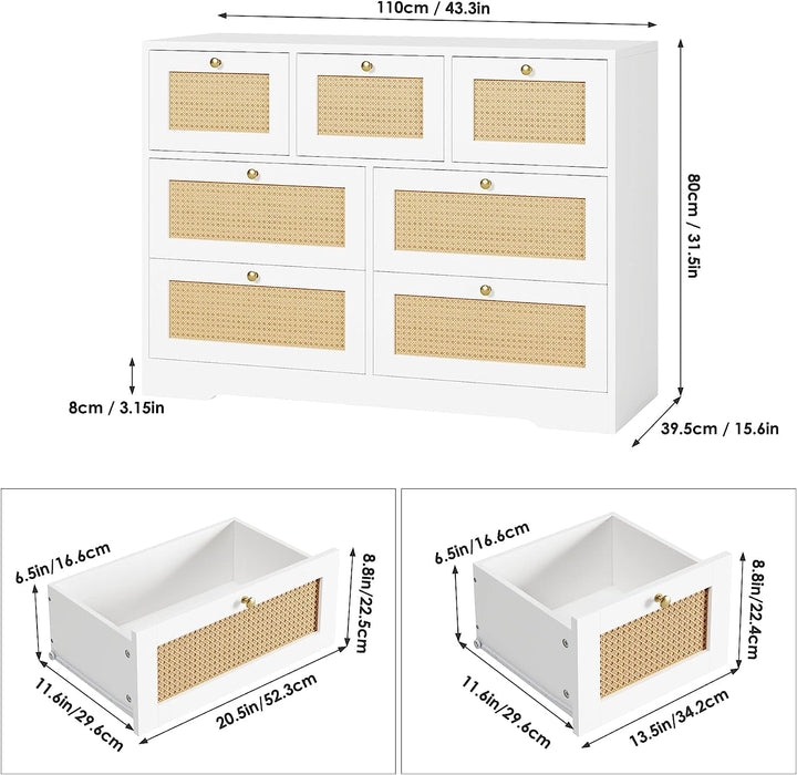 Rattan 7-Drawer Dresser in White