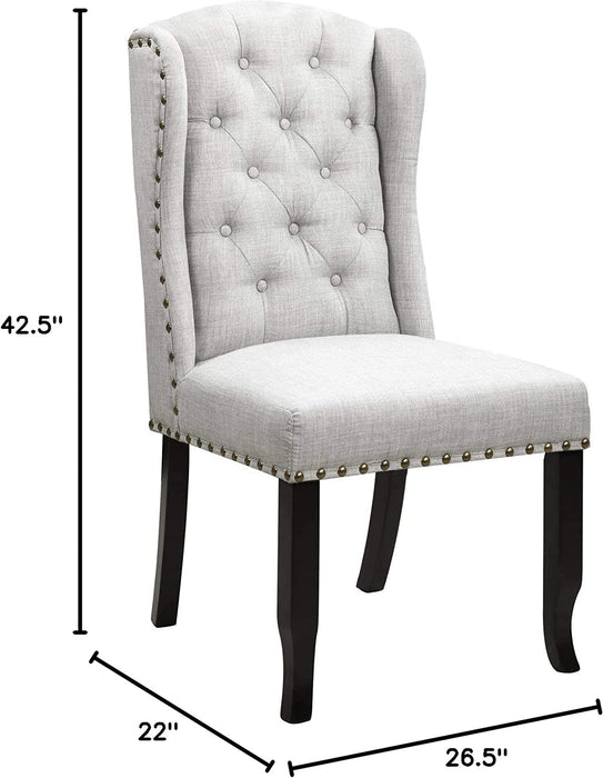 Set of 2 Grey Shira Dining Side Accent Wingback Chairs, Button Tufted, Faux Linen Upholstered, Goldtone Nailhead Trim, Espresso Wood Legs