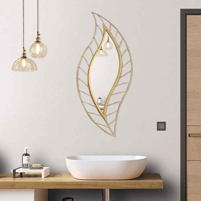 Wall Mirror Mounted Decorative Mirror Leaf Stylish Decor for Bathroom Vanity, Living Room or Bedroom (Gold)