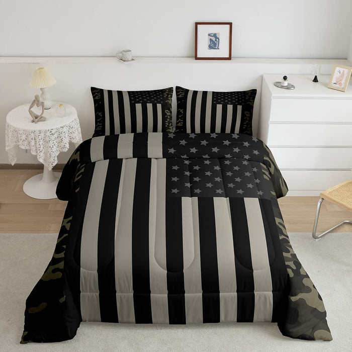 American Flag Camo Comforter Set Queen, Black Grey