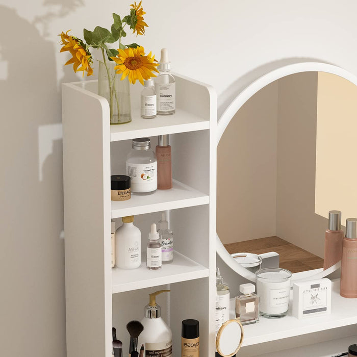 White Vanity Set with round Mirror & Drawer Storage