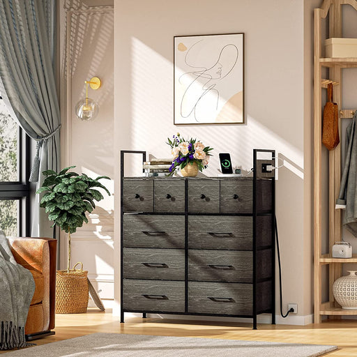 Dark Grey 10-Drawer Fabric Dresser with Wooden Top