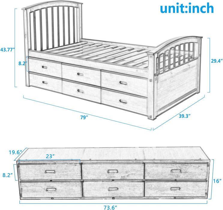 Twin Storage Bed with 6 Drawers