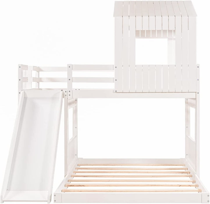 House Bed Bunk Beds with Slide and Guard Rail, No Box Spring Needed