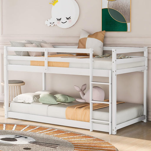 White Low Twin Bunk Bed with Guardrails and Ladder