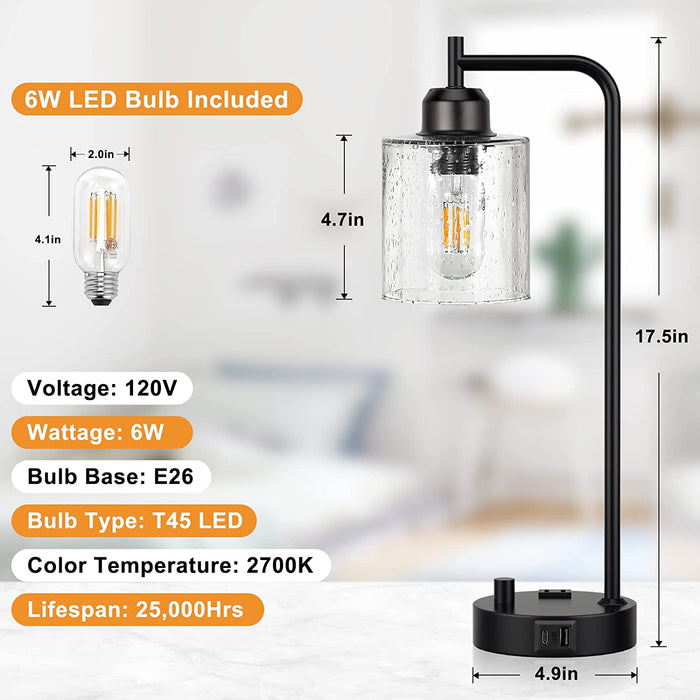 Industrial Bedside Table Lamp - USB Port