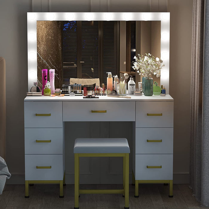 White Vanity Desk Set with Lighted Mirror