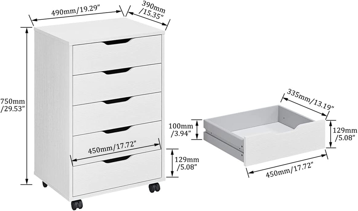 5/7 Drawer Chest, White, Wooden, on Wheels