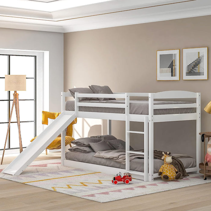 White Low Twin over Twin Bunk Bed with Slide
