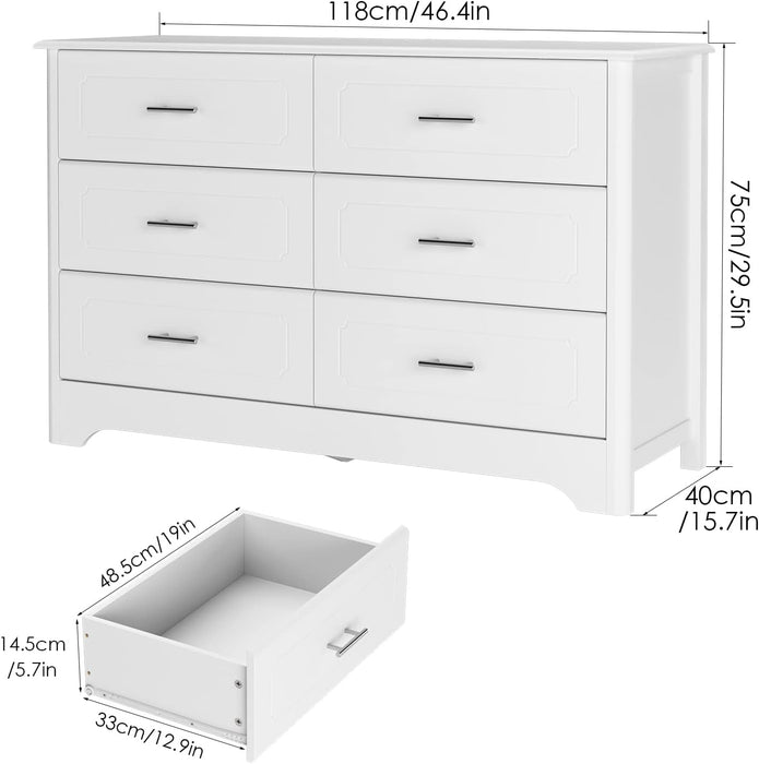 6 Drawer Dresser with Metal Handles, White