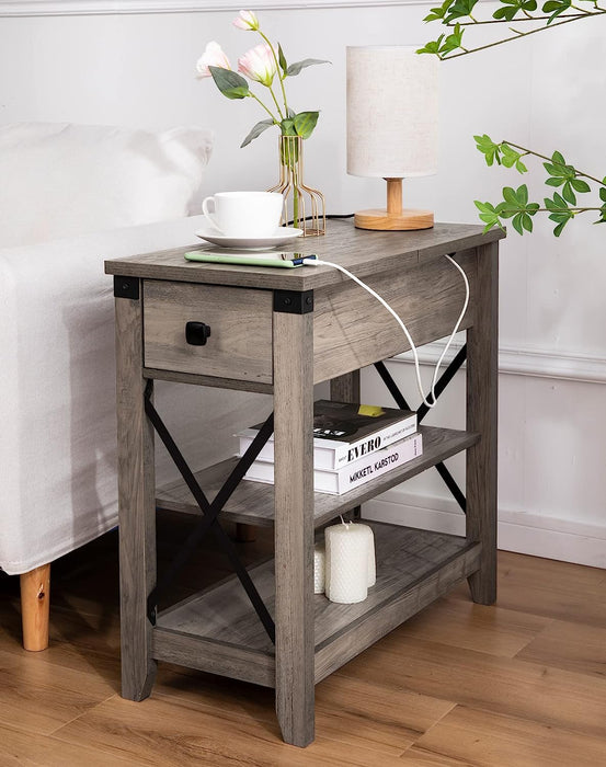 Farmhouse Slim Side Table with Charging Station