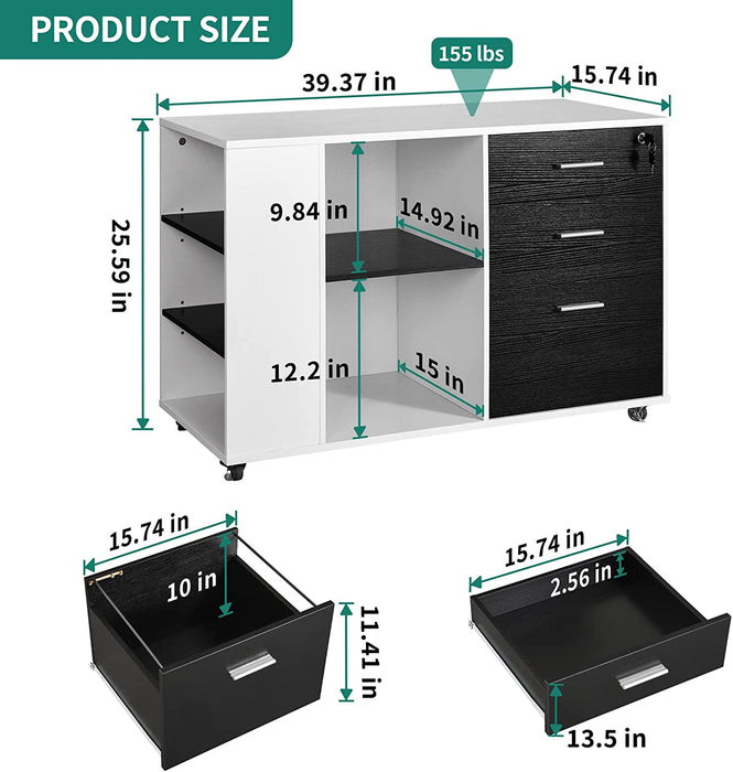 Lockable 3-Drawer Mobile Filing Cabinet with Shelves