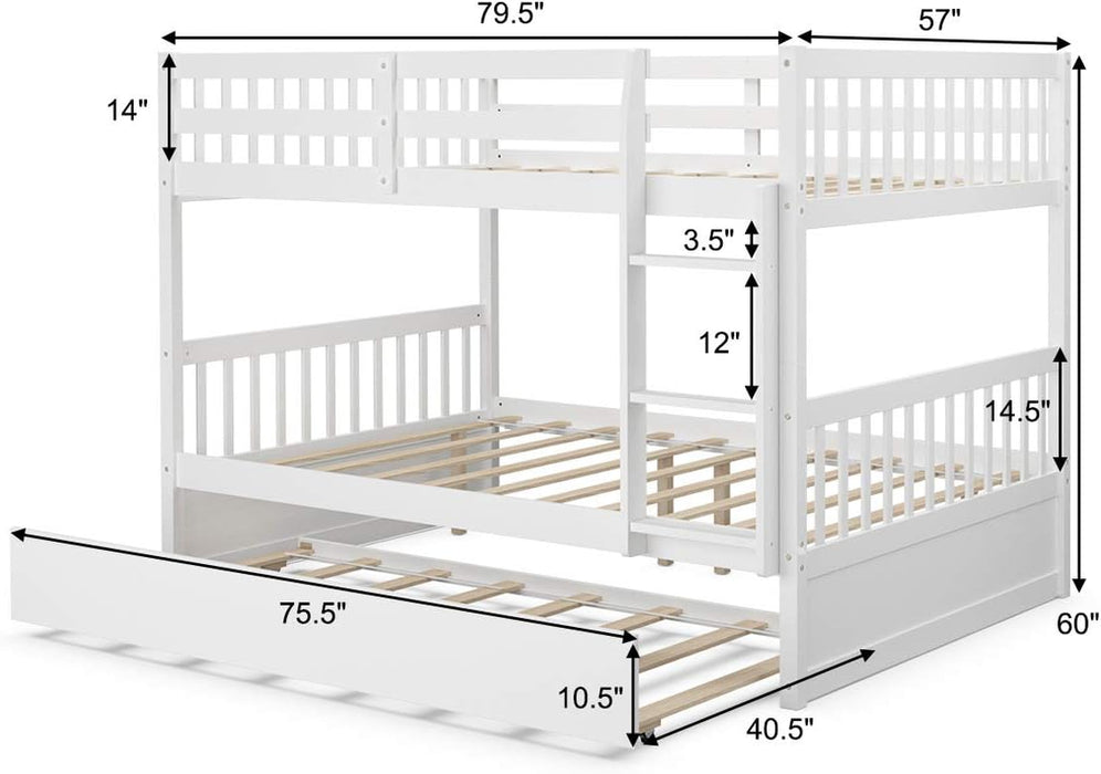 Full over Full Wooden Bunk Bed W/ Trundle, White