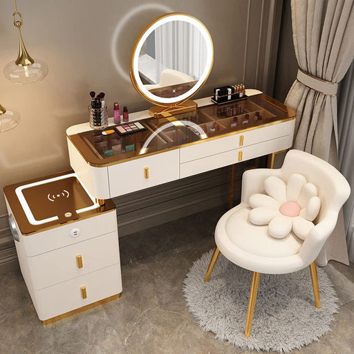 Gold and White Makeup Vanity Desk with Charging Station