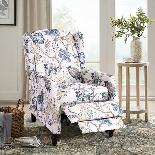 Upholstered Wingback Recliner Chair, Padded, Blue Floral