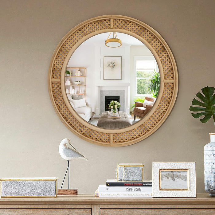 Round Rattan Wall Mirror with Wooden Framed, Modern Boho Decorative Mirror for Bathroom, Entry, Living Room, Bedroom, 24 Inch